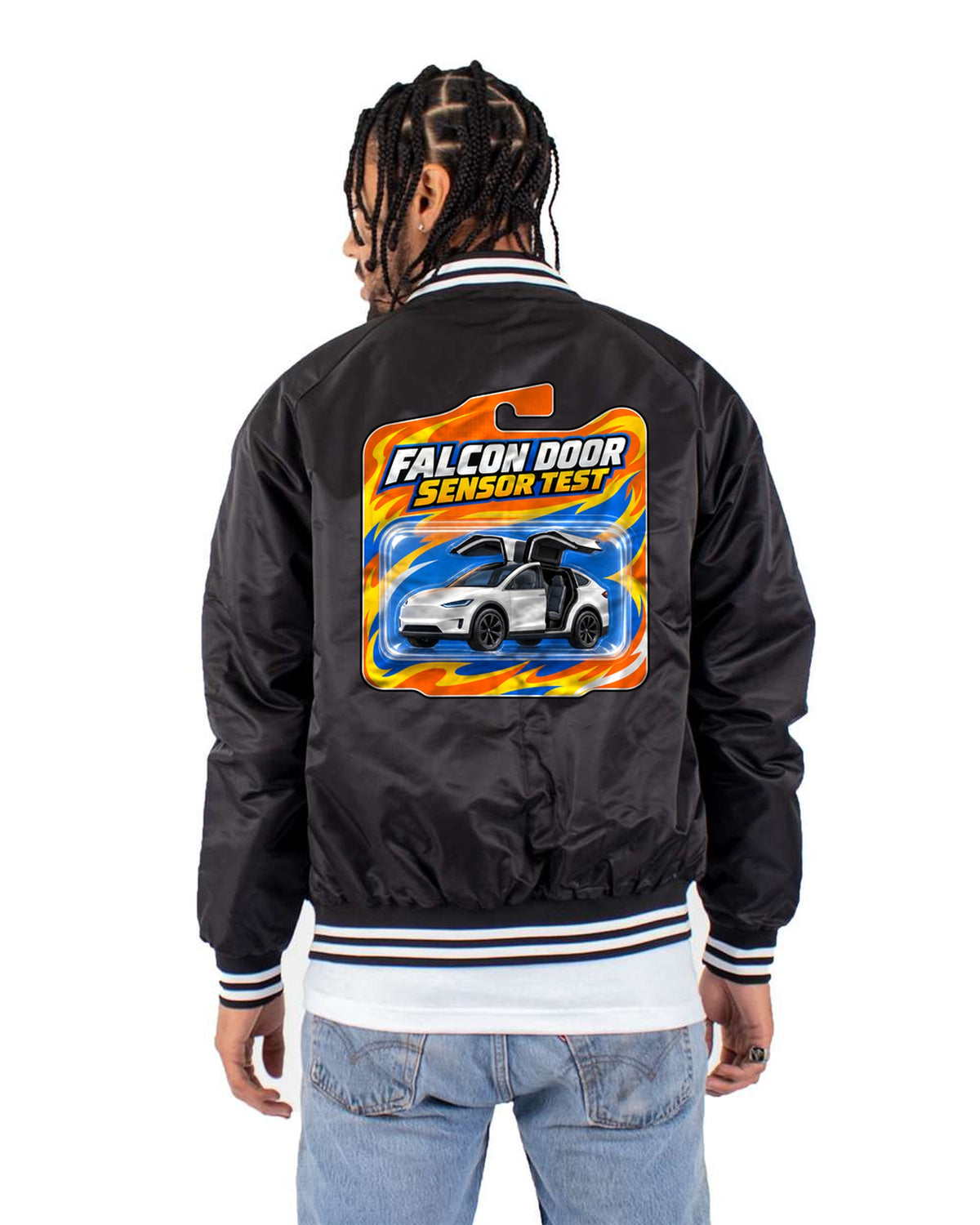 Falcon Toy Card Tesla Model X Shirt, Sensor Test print Bomber Jacket Black back