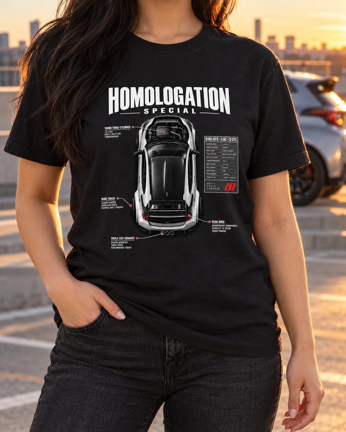 Toyota GR Yaris Spec Poster print Shirt, G16E-GTS T-Shirt Black worn hero