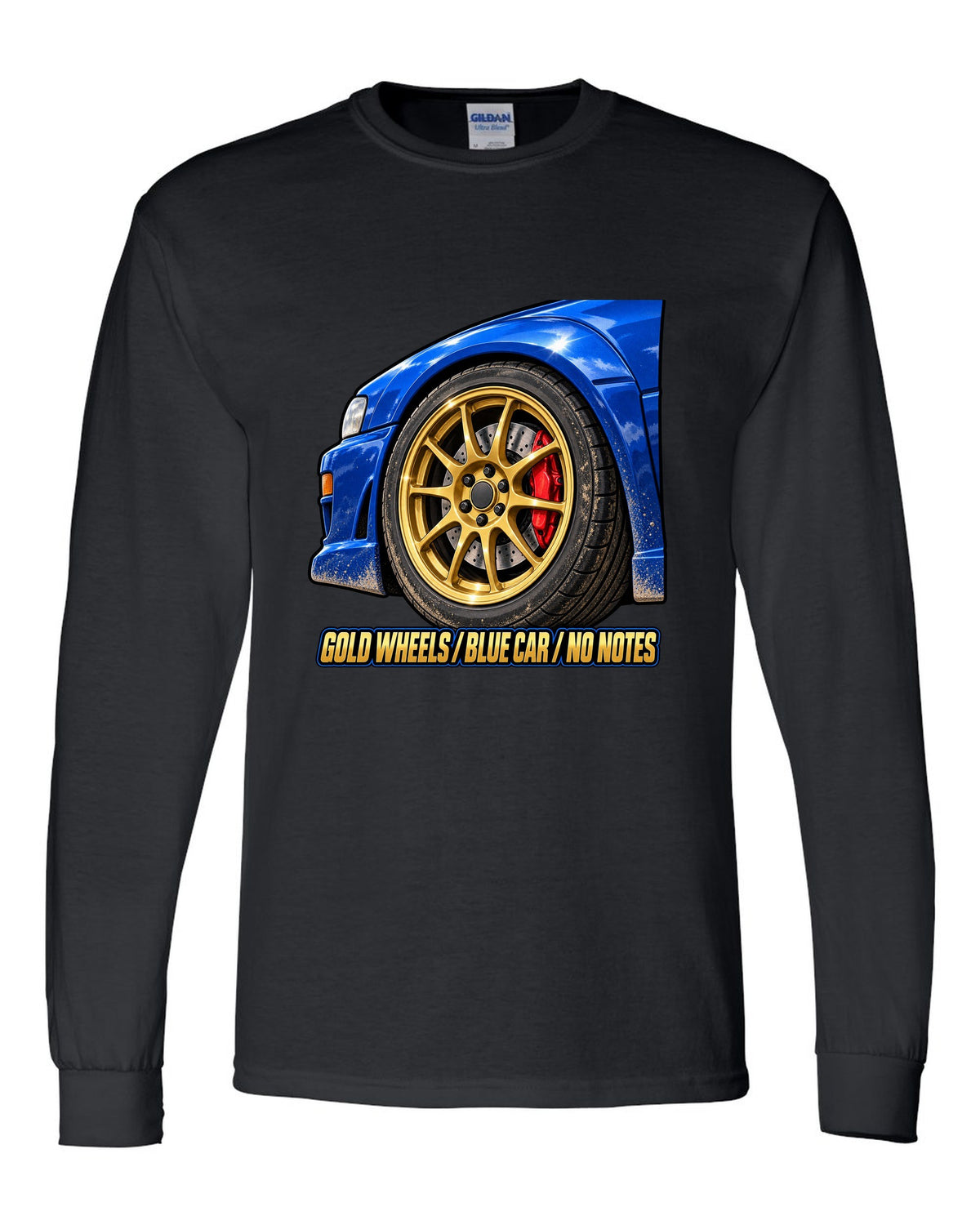 Subaru Impreza WRX GC8 painterly gold wheel close-up on a blue car, GOLD WHEELS / BLUE CAR / NO NOTES black long sleeve front view with the design