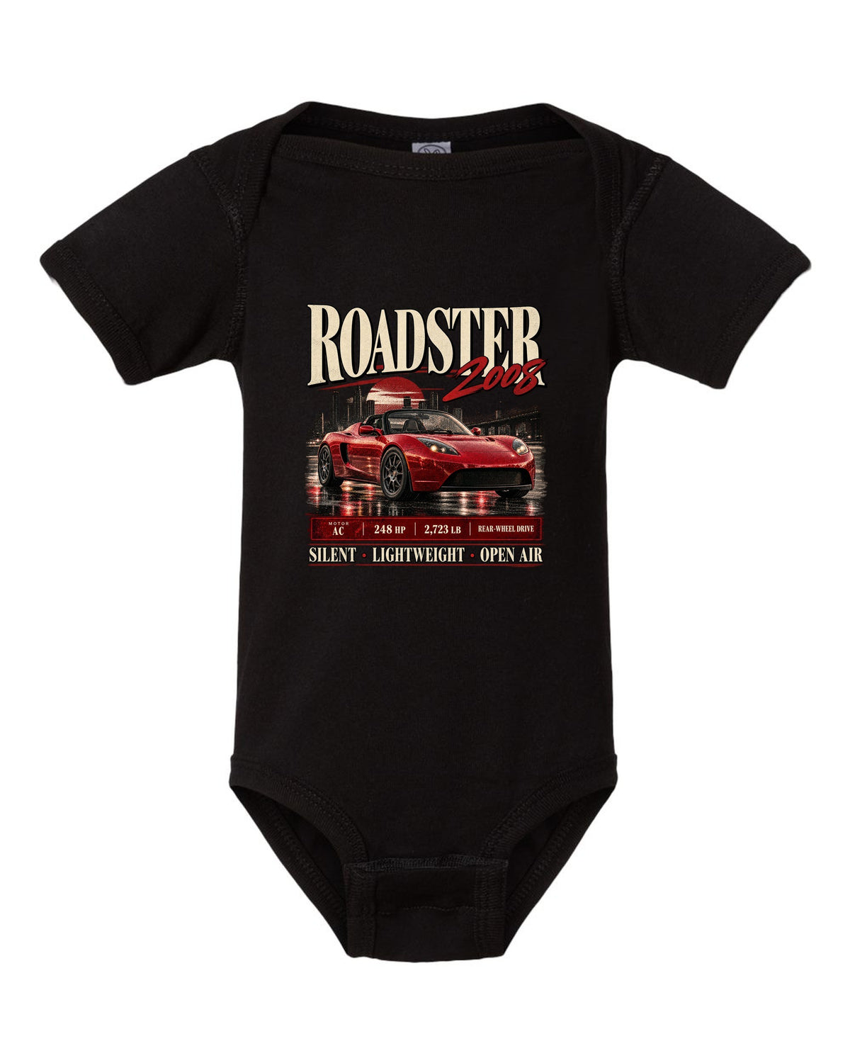 Tesla Roadster Gen 1 2008 archive panel with AC motor, 248 HP, 2,723 lb and rear-wheel drive black baby onesie front view with the design
