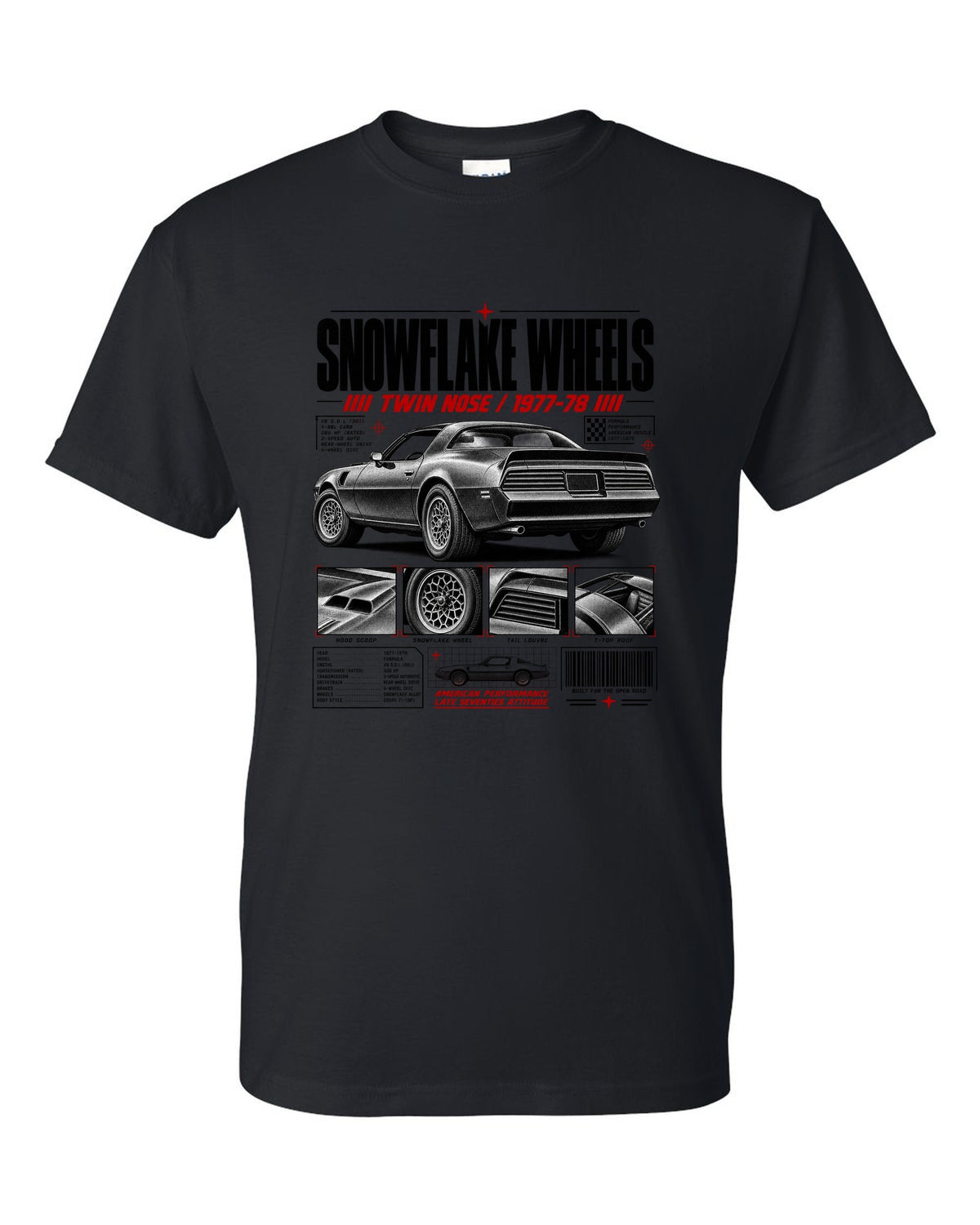 print dossier panels of a 1978 Pontiac Firebird Formula with snowflake wheels black t-shirt front view with the design