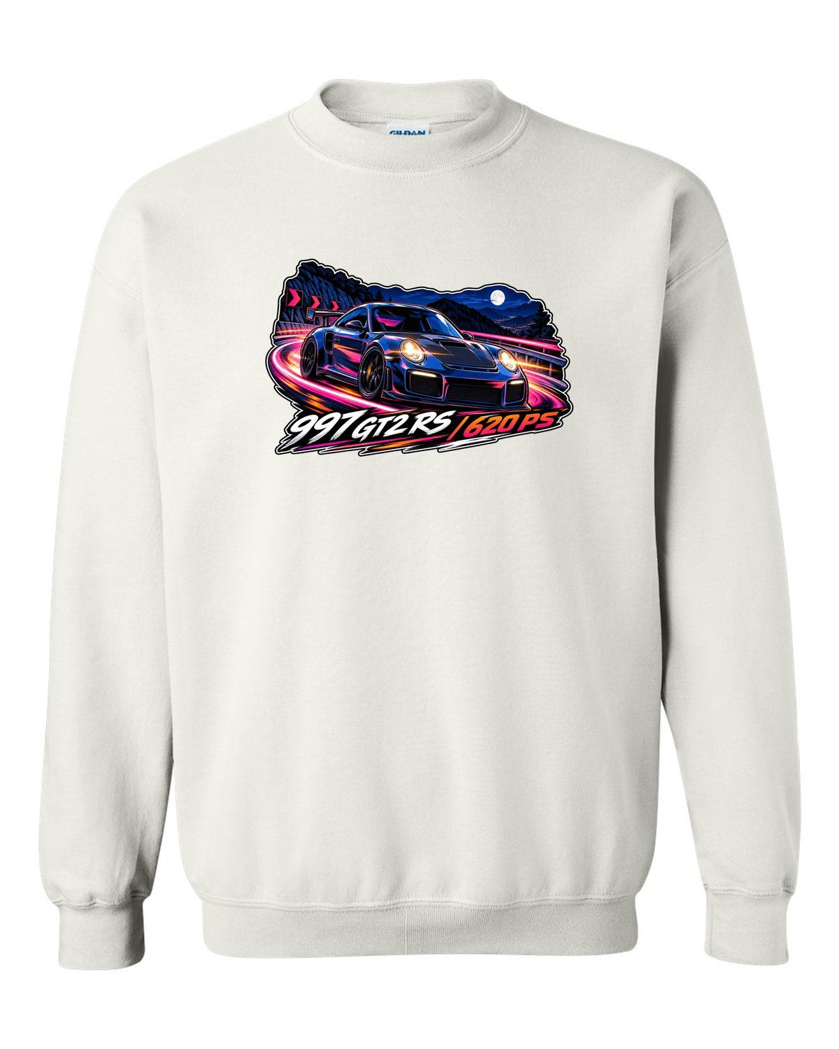 Cel-shaded anime night touge design featuring the Porsche 997 GT2 RS with 620 PS lettering white crewneck front view with the design