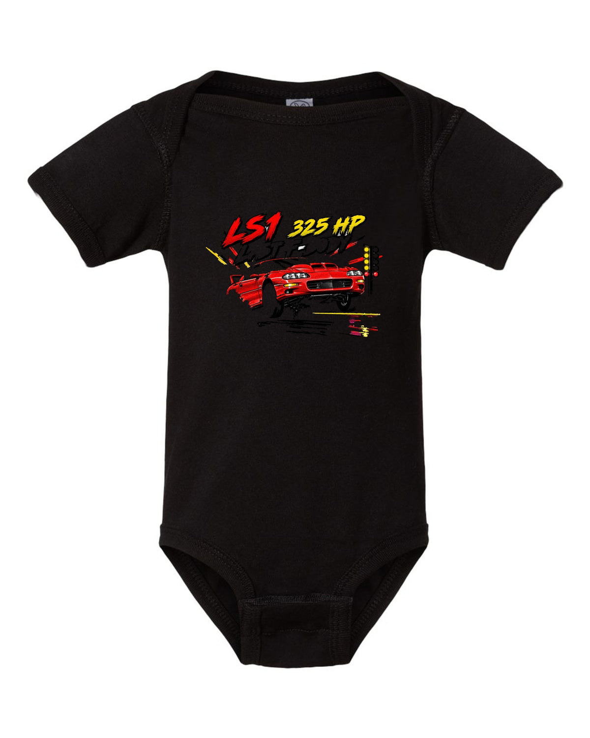 2002 Chevrolet Camaro SS LS1 retro manga halftone panel print black baby onesie front view with the design