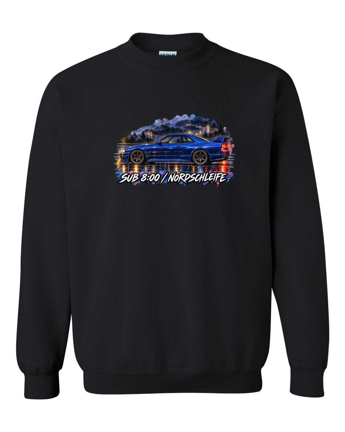 Watercolour wet-road night print of a Champion Blue Nissan Skyline GT-R R33 BCNR33 black crewneck front view with the design
