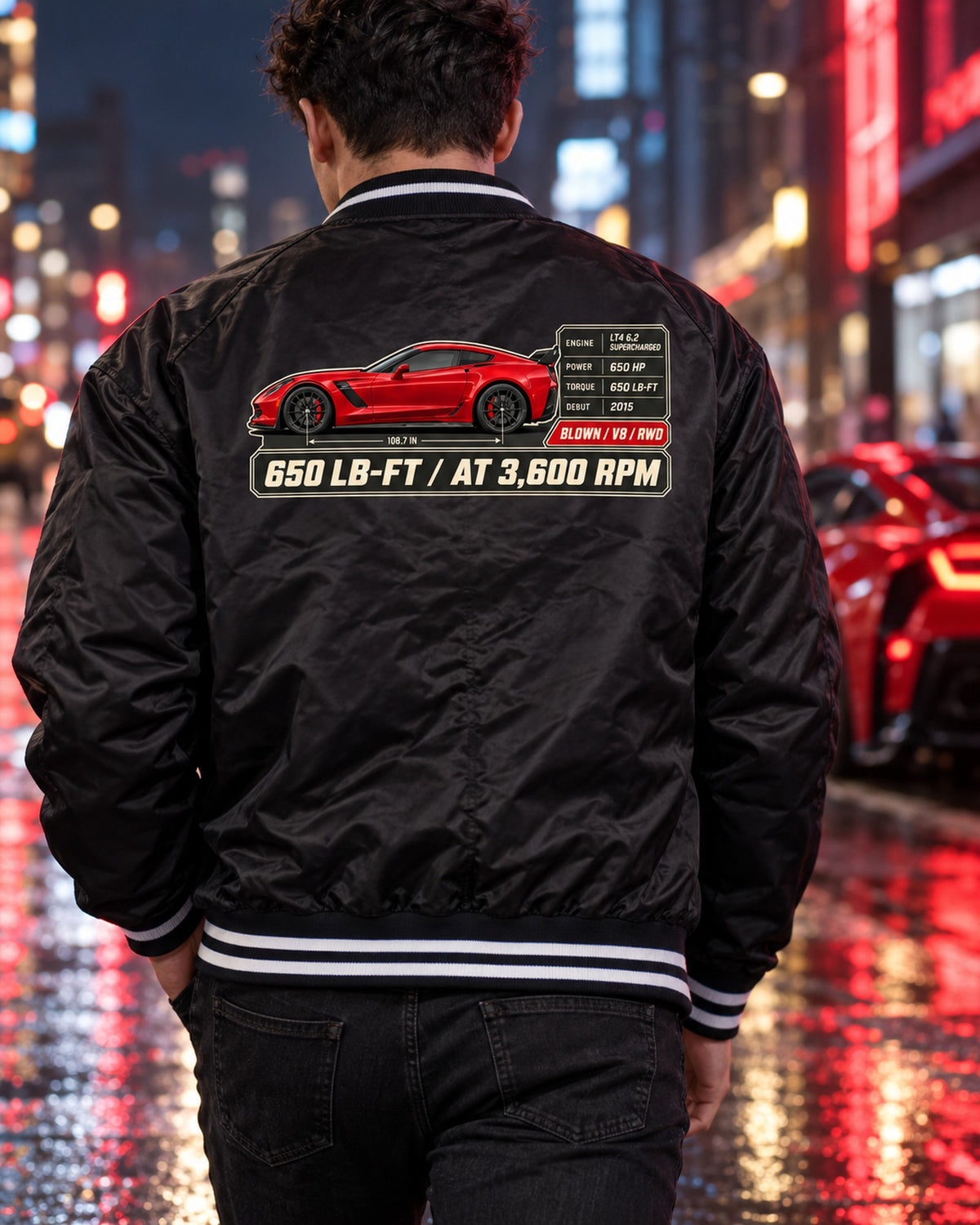 C7 Corvette Z06 Spec Poster Tee, 650 LB-FT Torque Car Shirt Bomber Jacket Black worn hero
