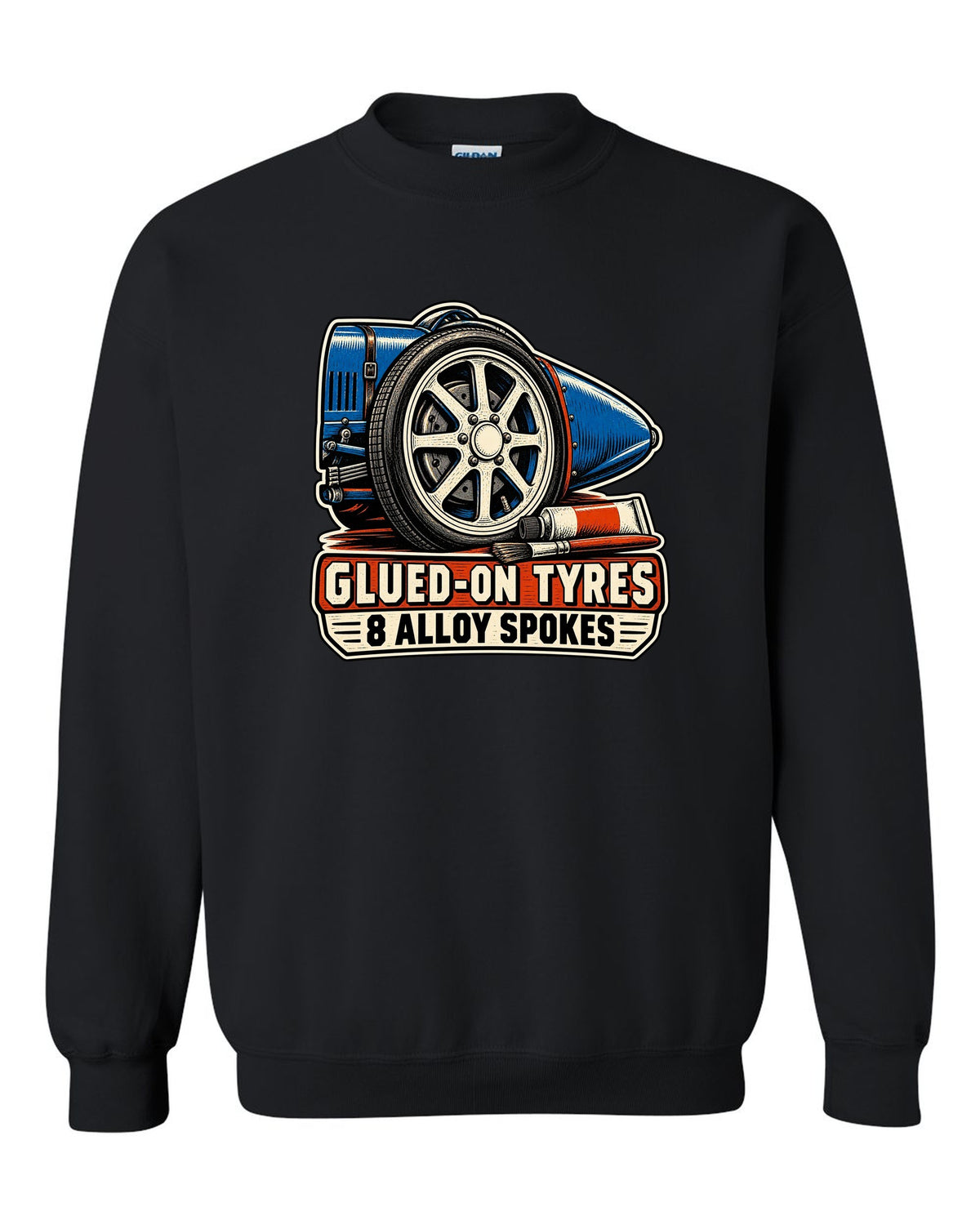 Linocut style print of a Bugatti Type 35 eight-spoke alloy wheel with glued-on tyres lettering black crewneck front view with the design