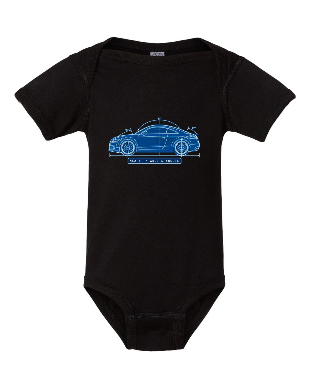 Cyanotype negative blueprint print of an Audi TT 8J coupe with Mk2 TT text black baby onesie front view with the design