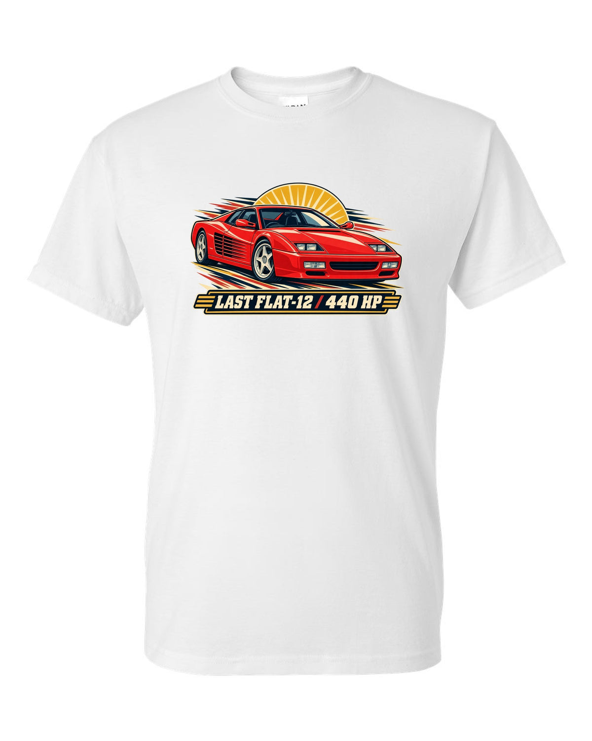 Retro race programme illustration print of the Ferrari F512 M with the text last flat-12, 440 HP white t-shirt front view with the design