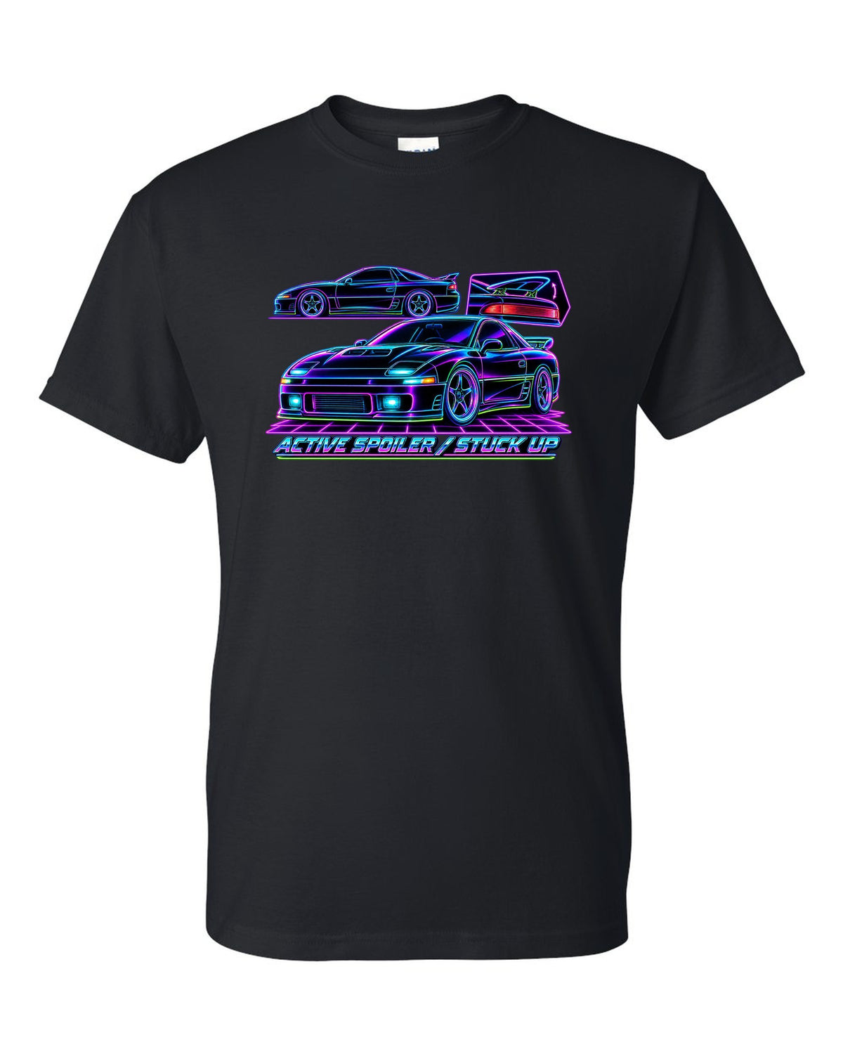 Neon wireframe outline print of the Mitsubishi 3000GT VR-4 with active spoiler stuck up text black t-shirt front view with the design
