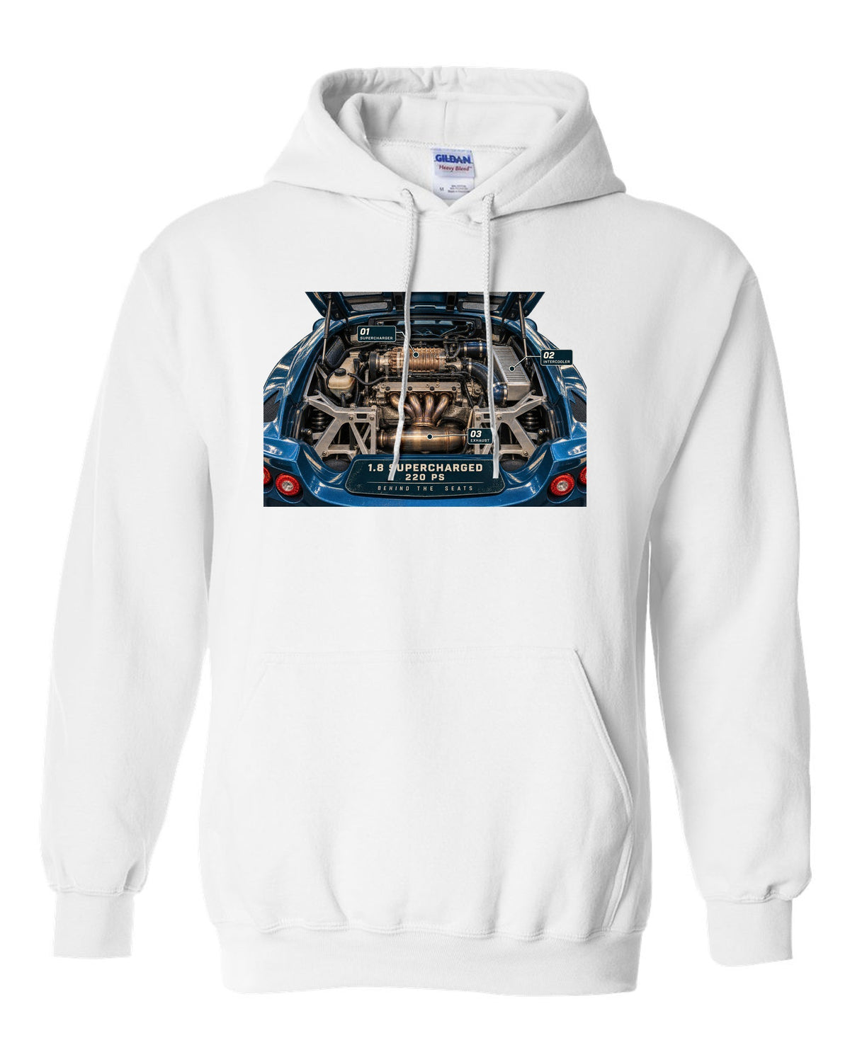Lotus Exige S 2004 to 2011 supercharged four engine bay print with 1.8 supercharged 220 PS text white pull over hoodie front view with the design