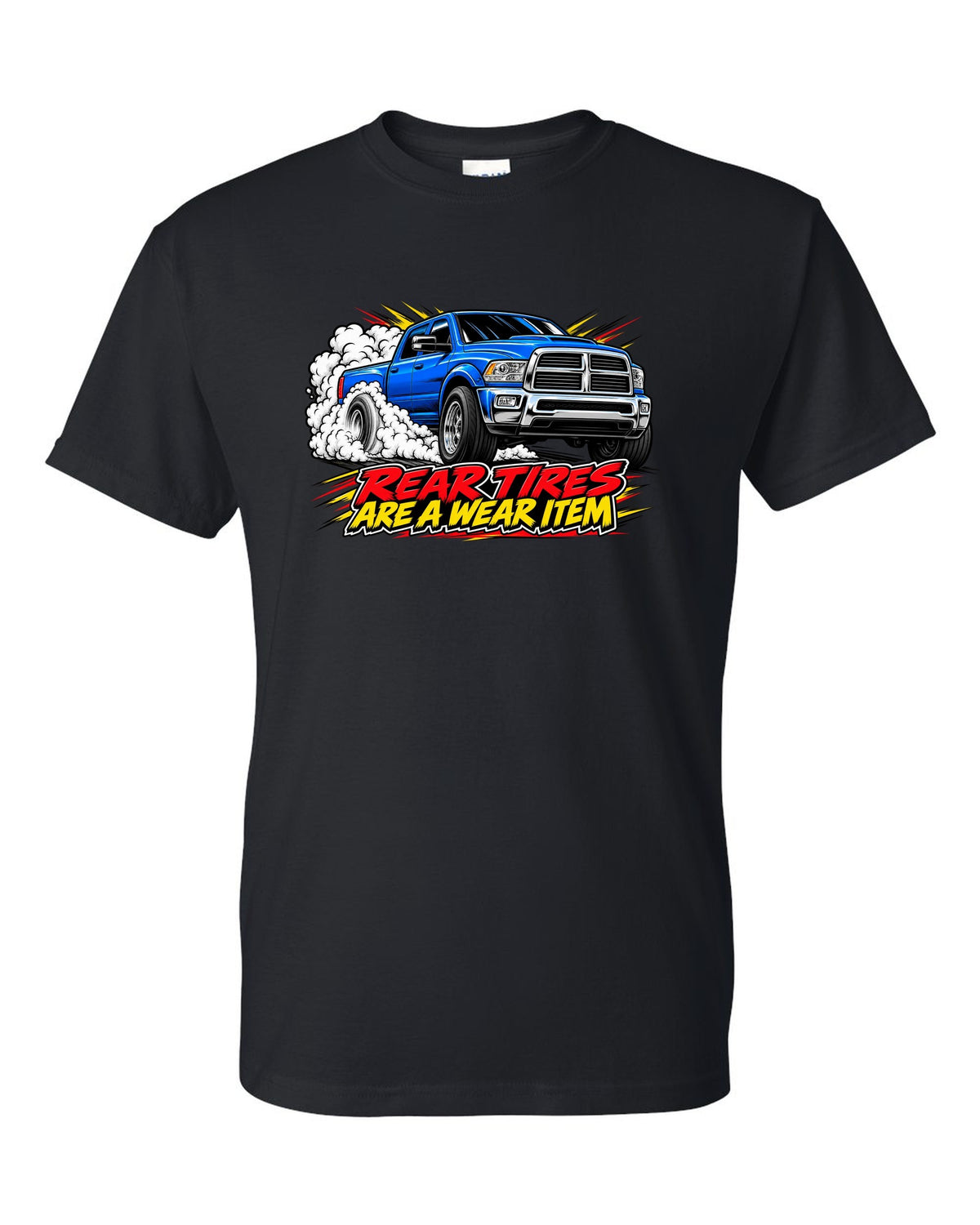 Comic ink burnout print of a 2003-2009 Dodge Ram 2500 5.9 Cummins HO black t-shirt front view with the design