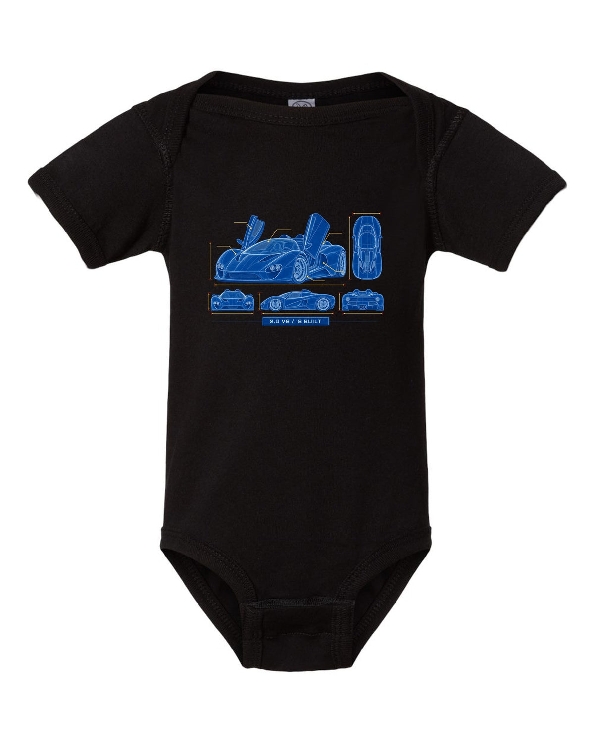 Cyanotype negative blueprint of an Alfa Romeo 33 Stradale with 2.0 V8 and 18 built black baby onesie front view with the design