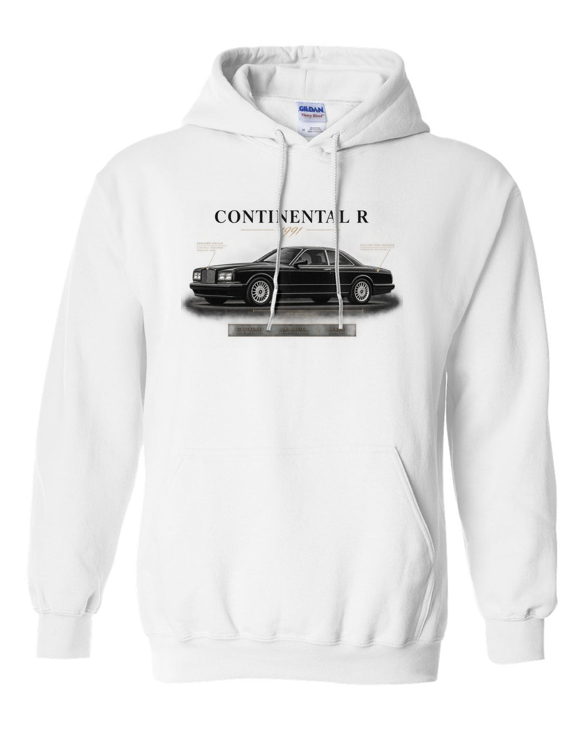 Bentley Continental R 1991 spec poster with 6.75 turbo V8 white pull over hoodie front view with the design