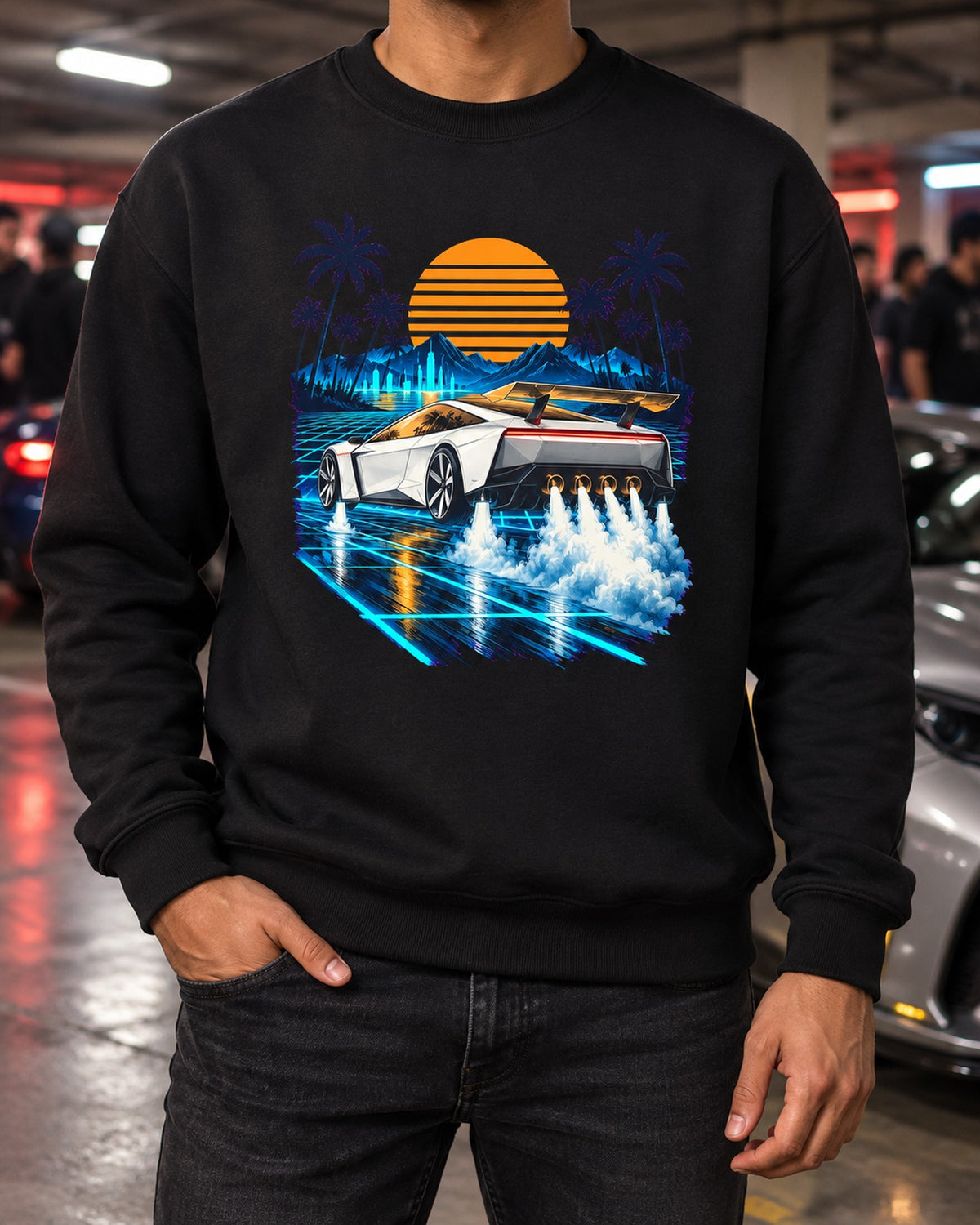 Tesla Roadster Synthwave Shirt, Hoodie & More Crewneck Black worn hero
