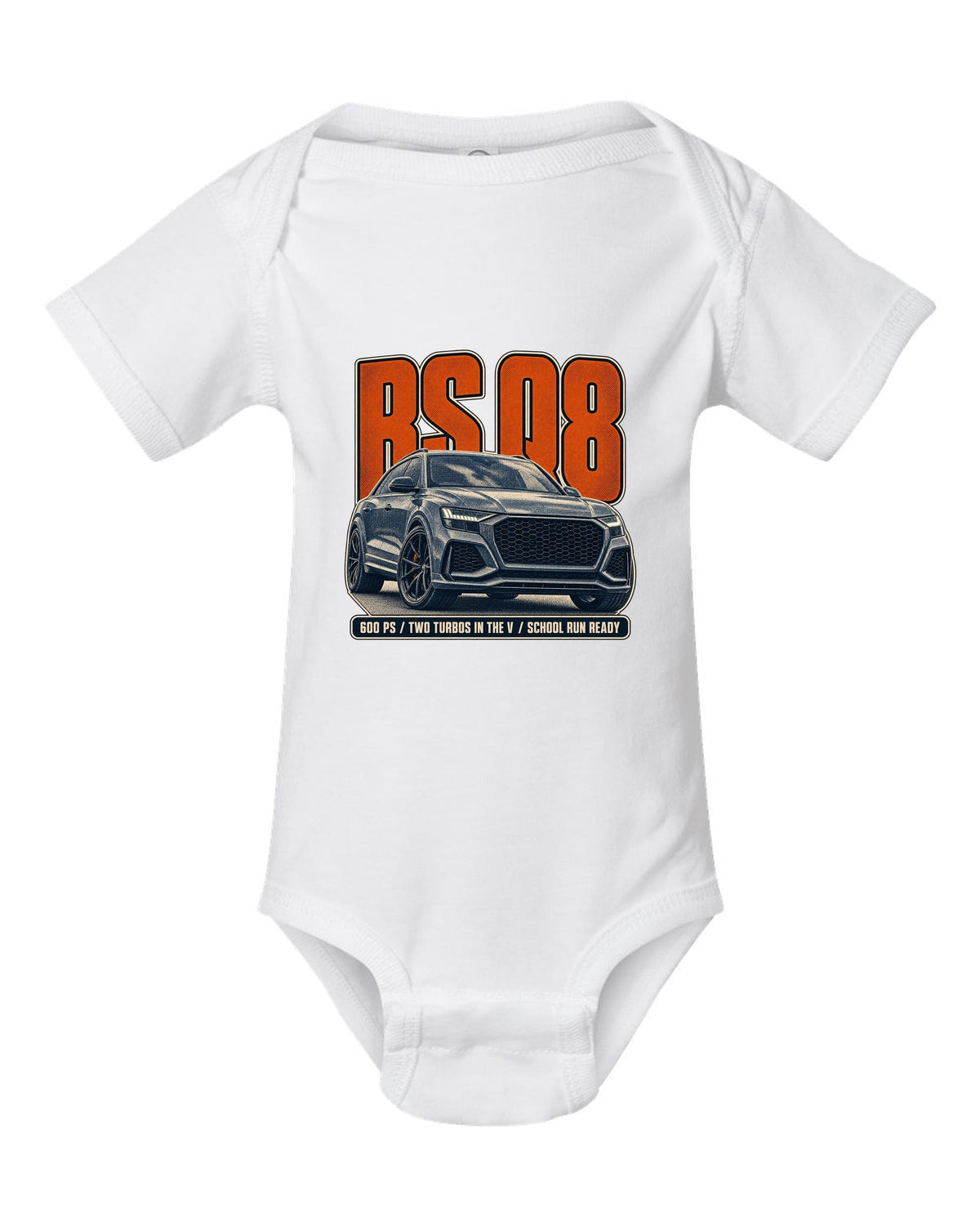 Audi RS Q8 halftone statement print with 600 PS text white baby onesie front view with the design