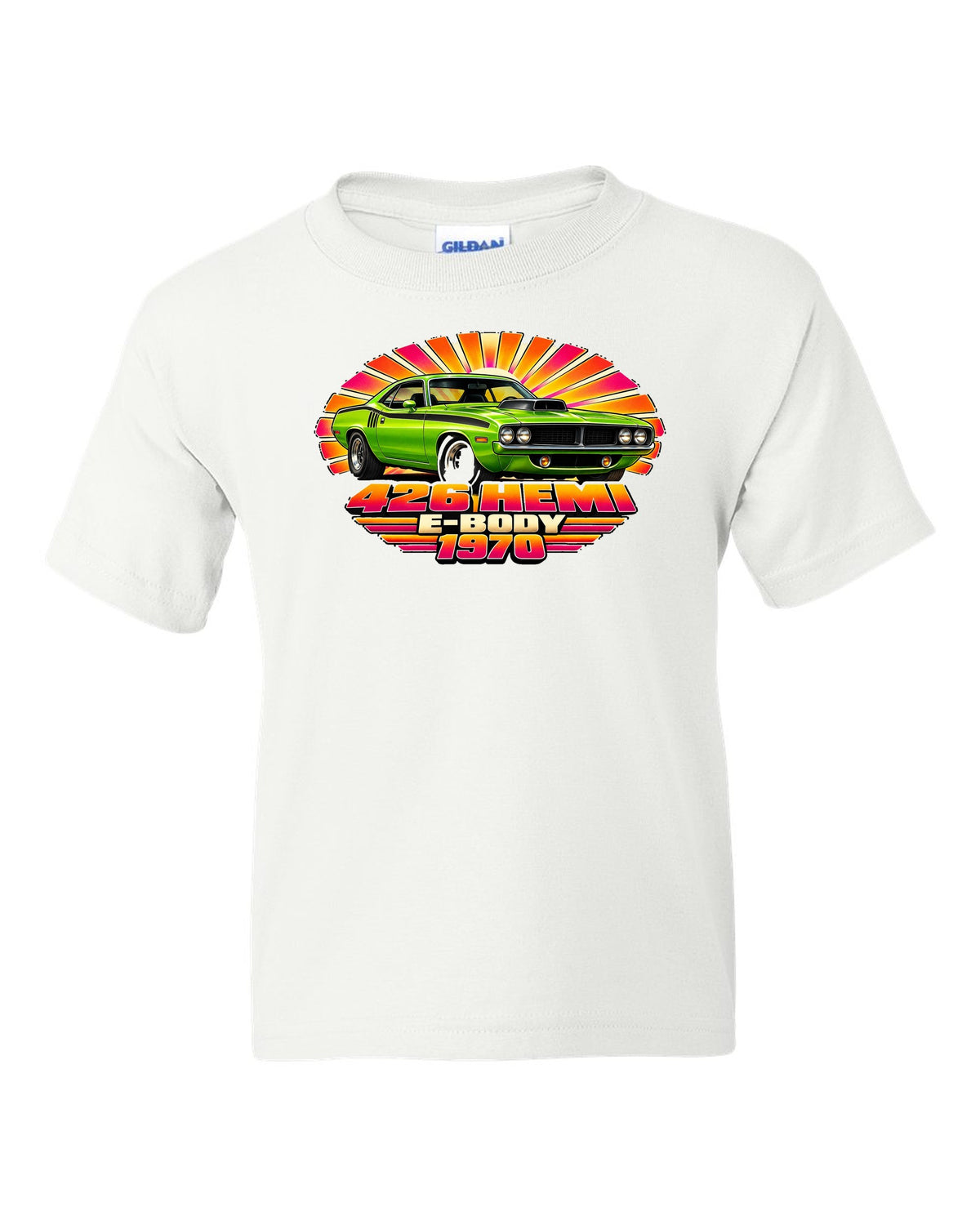 1970 Plymouth Hemi Cuda E-body 70s airbrush sunburst print with 426 Hemi text white kids tee front view with the design