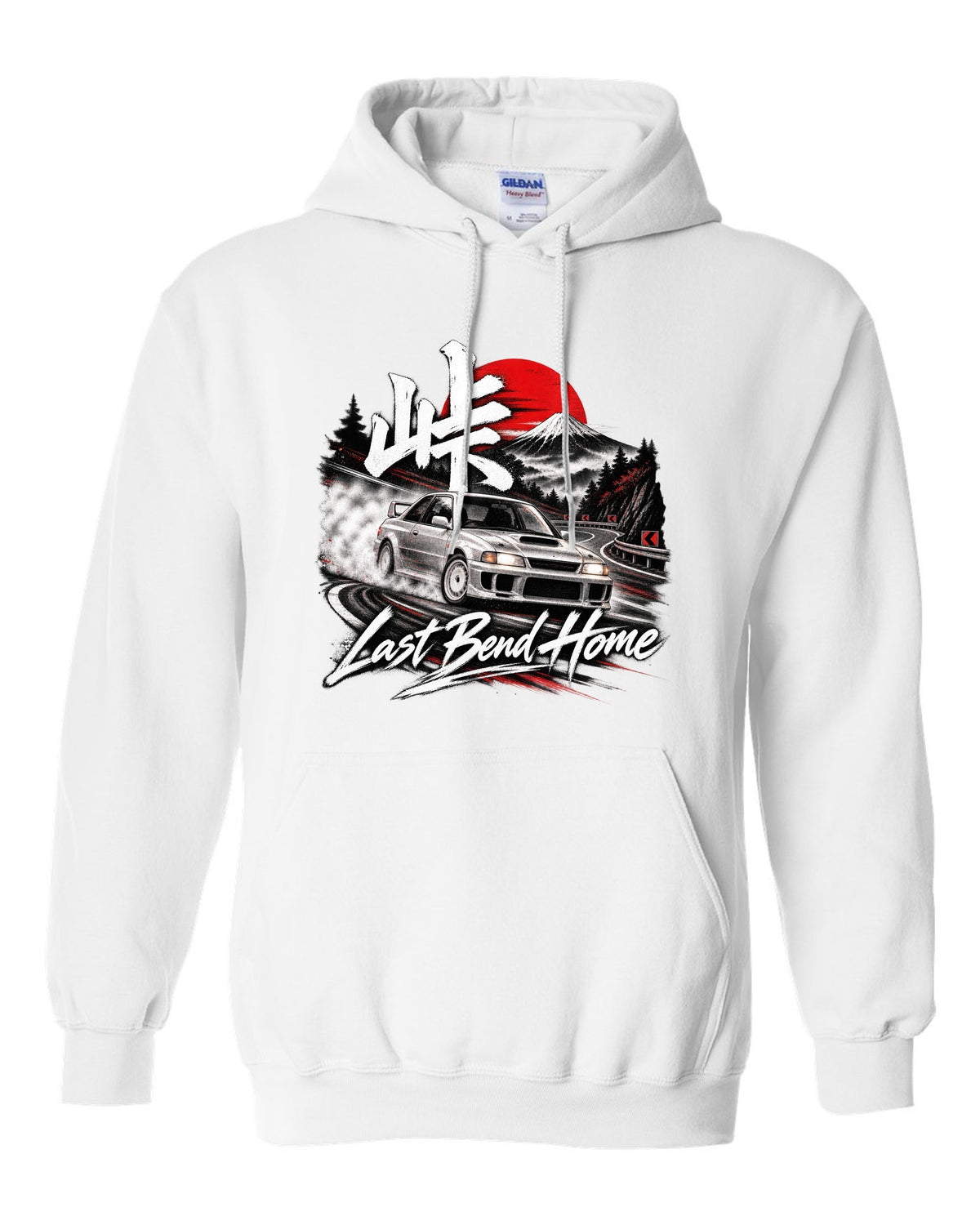 Subaru Impreza WRX GC8 coupe at a night touge bend with Last Bend Home text white pull over hoodie front view with the design