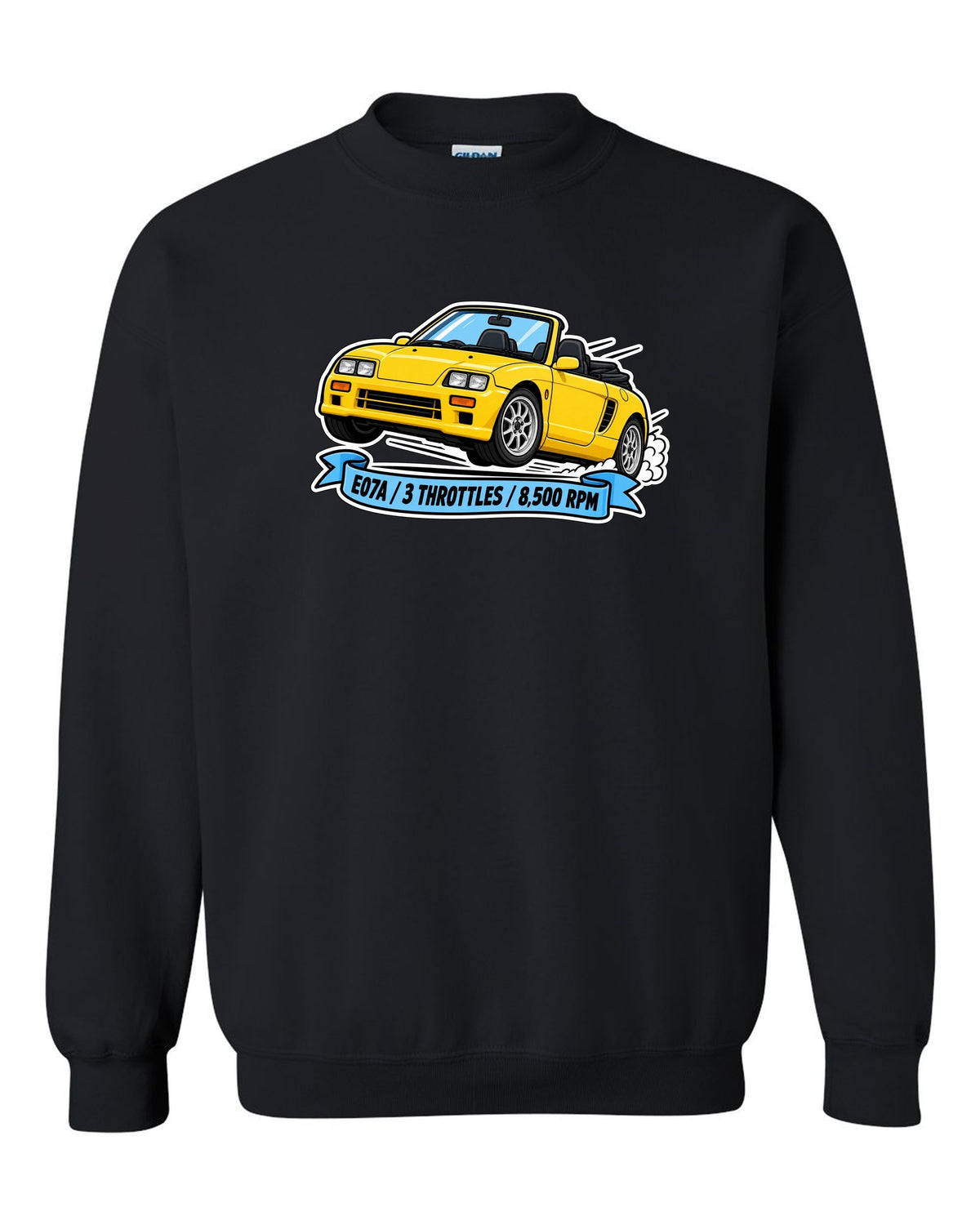 Sticker-style illustration of a Honda Beat PP1 with E07A engine and 8,500 rpm lettering black crewneck front view with the design