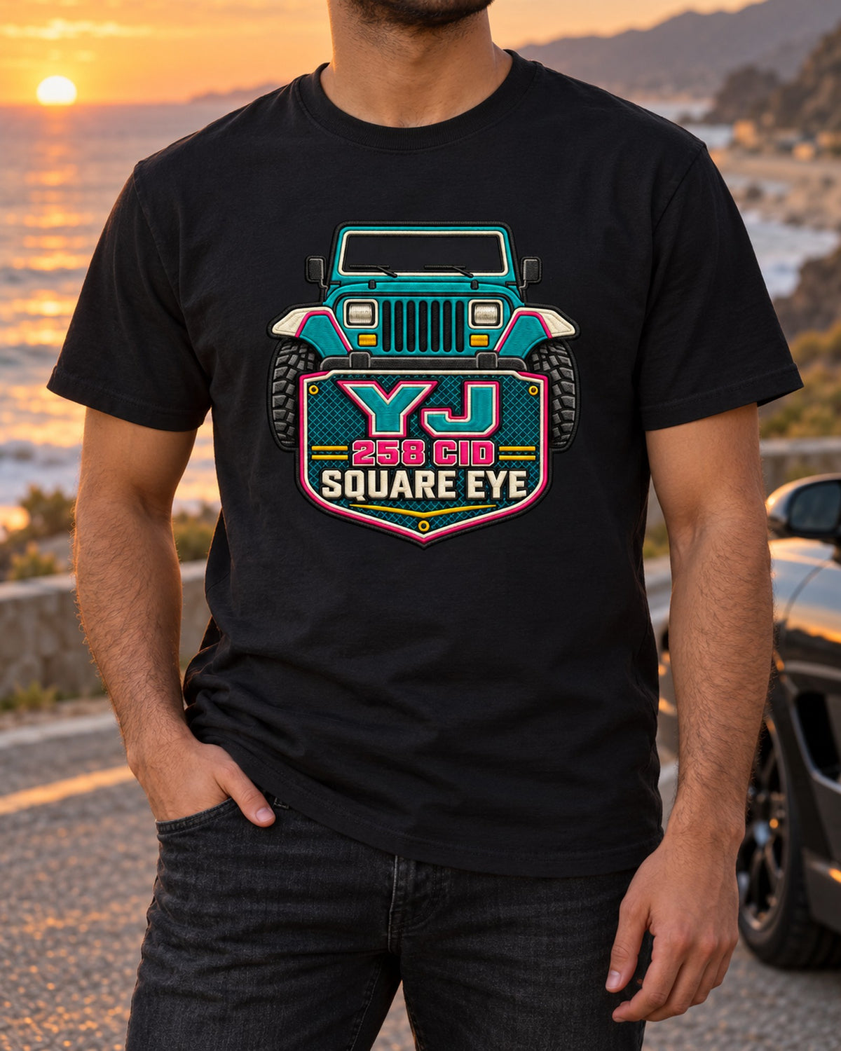 Jeep Wrangler YJ Square Eye Varsity Crest Tee, 258 CID Gift T-Shirt Black worn hero