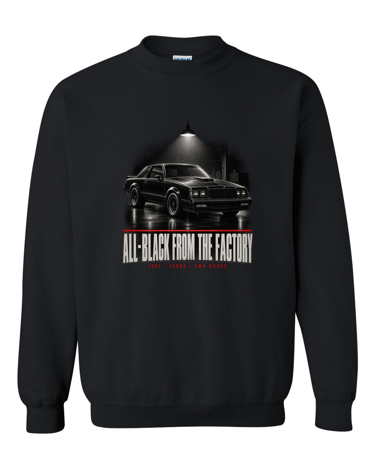 1987 Buick Grand National garage night scene print with all-black text black crewneck front view with the design