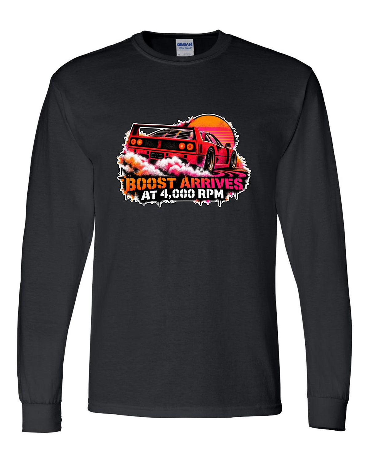 Stencil spray street-art print of a 1987 Ferrari F40 F120 with burnout and boost at 4,000 rpm text black long sleeve front view with the design