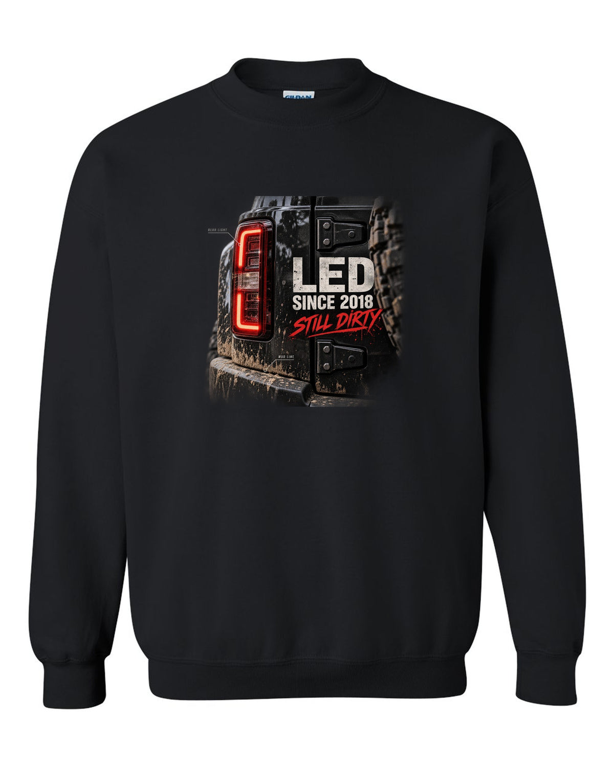 Jeep Wrangler JL LED taillight macro with mud line print black crewneck front view with the design