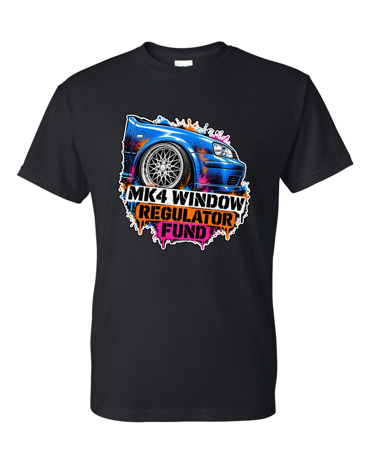 Stencil spray print of a VW Golf Mk4 with mesh wheels and window regulator fund text black t-shirt front view with the design