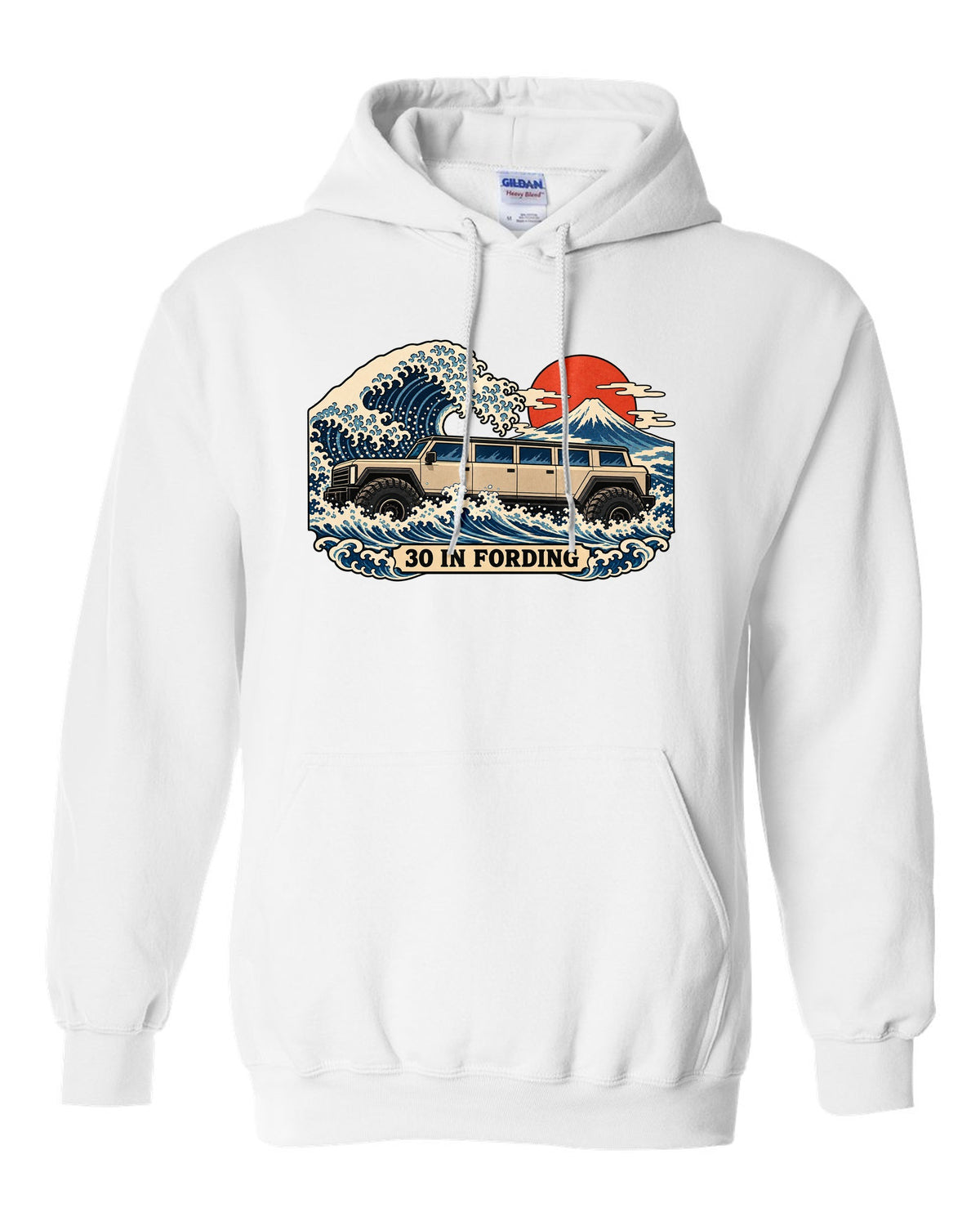Ukiyo-e woodblock wave print with a 1992-2006 Hummer H1 and 30 IN FORDING text white pull over hoodie front view with the design