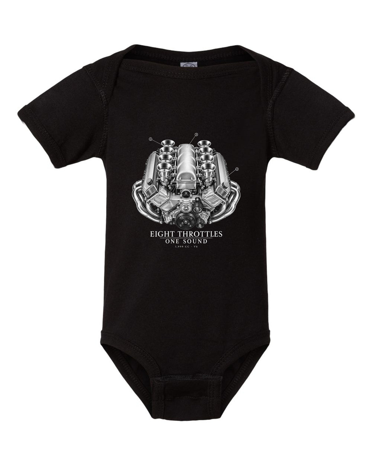 BMW E92 M3 S65 V8 engine illustration print with eight throttles lettering black baby onesie front view with the design