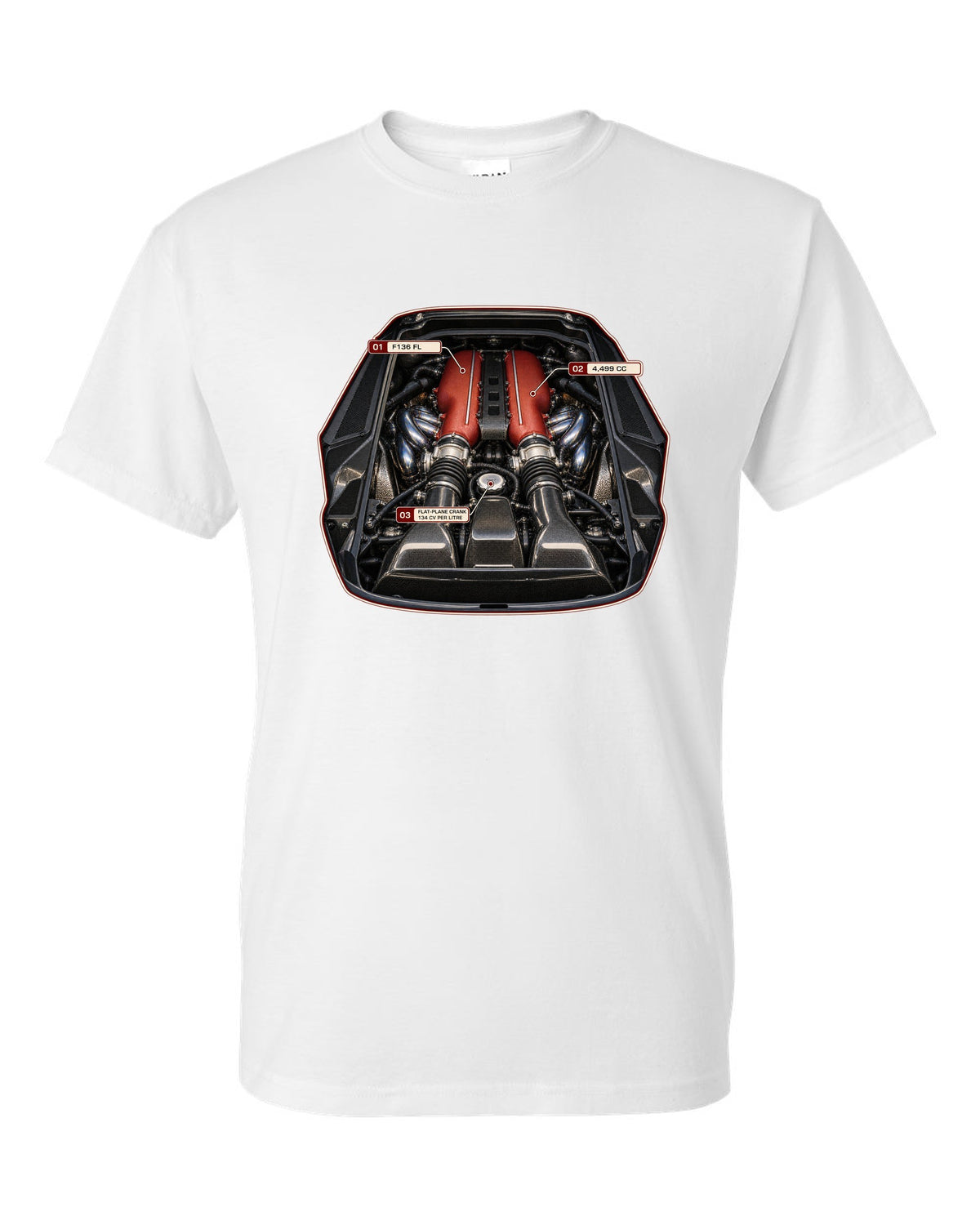 Engine bay print of the Ferrari 458 Speciale F136 FL V8 white t-shirt front view with the design