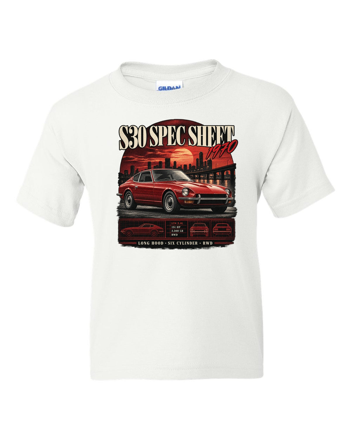 Archive panel spec sheet print of a Datsun 240Z S30 with L24 2.4L 151 HP text white kids tee front view with the design