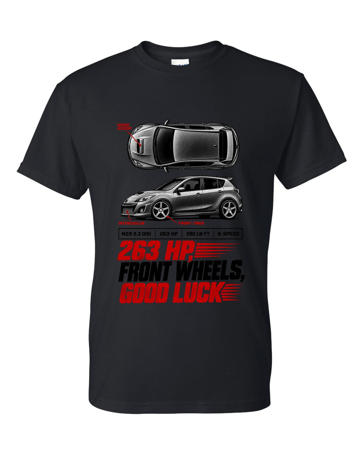 Top-down and profile views of a Mazdaspeed3 BK with 263 HP spec poster text black t-shirt front view with the design