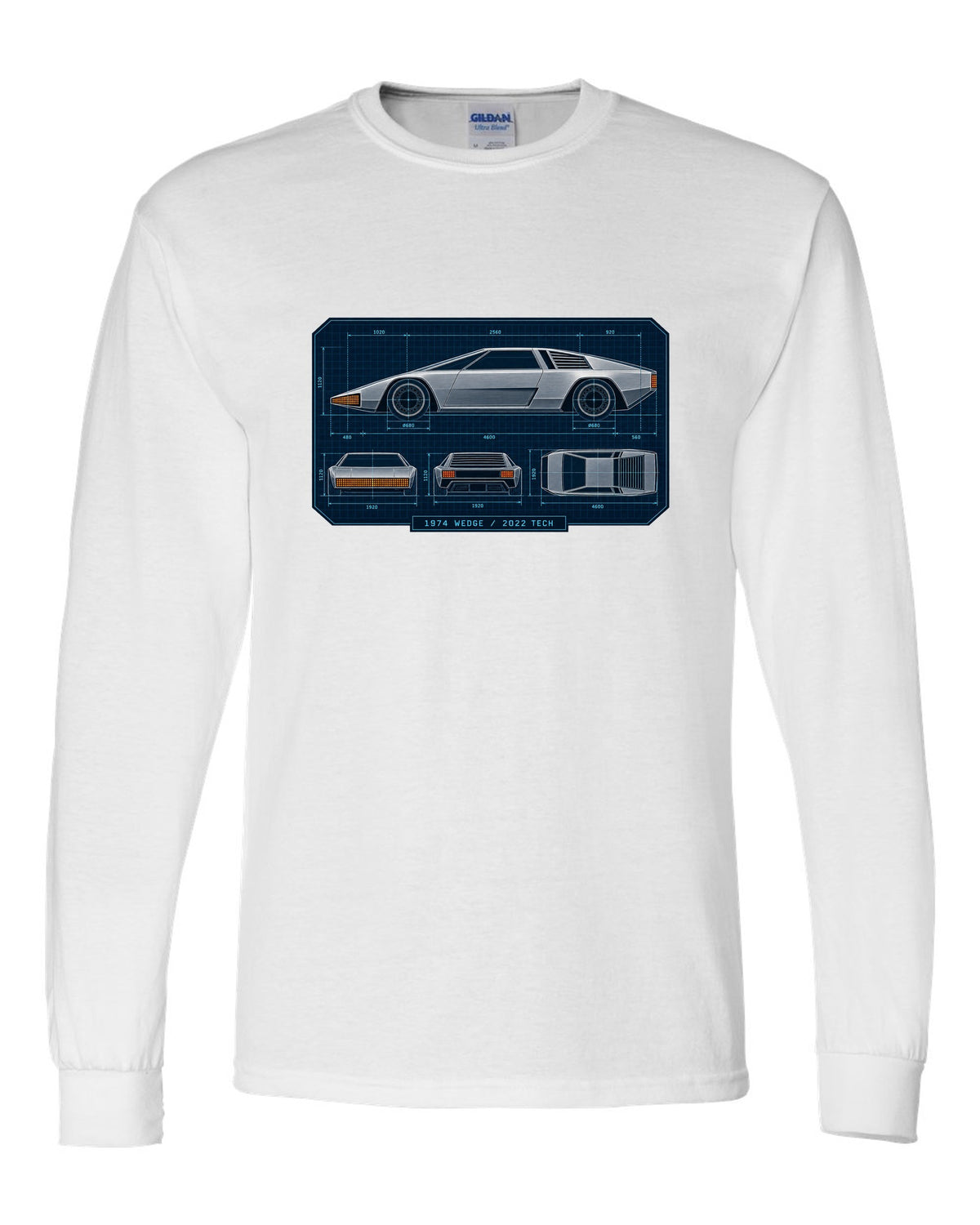 Technical orthographic blueprint print of the Hyundai N Vision 74 concept with 1974 wedge 2022 tech text white long sleeve front view with the design