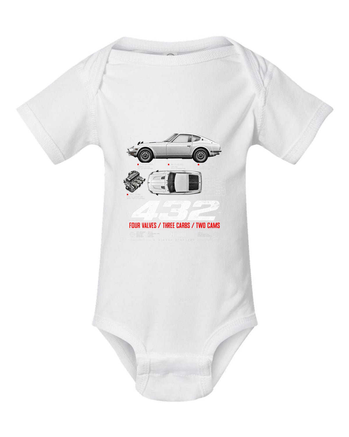 print spec poster of a 1970 Datsun Fairlady Z432 PS30 in profile and top-down view white baby onesie front view with the design