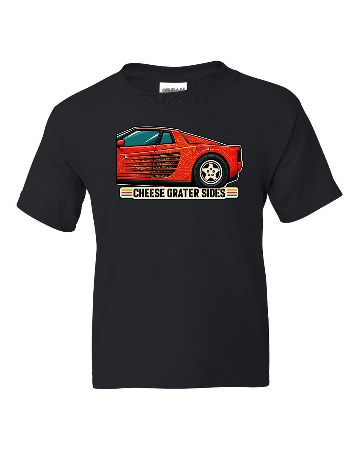 Topographic contour line print of the Ferrari Testarossa F110 with the text cheese grater sides black kids tee front view with the design