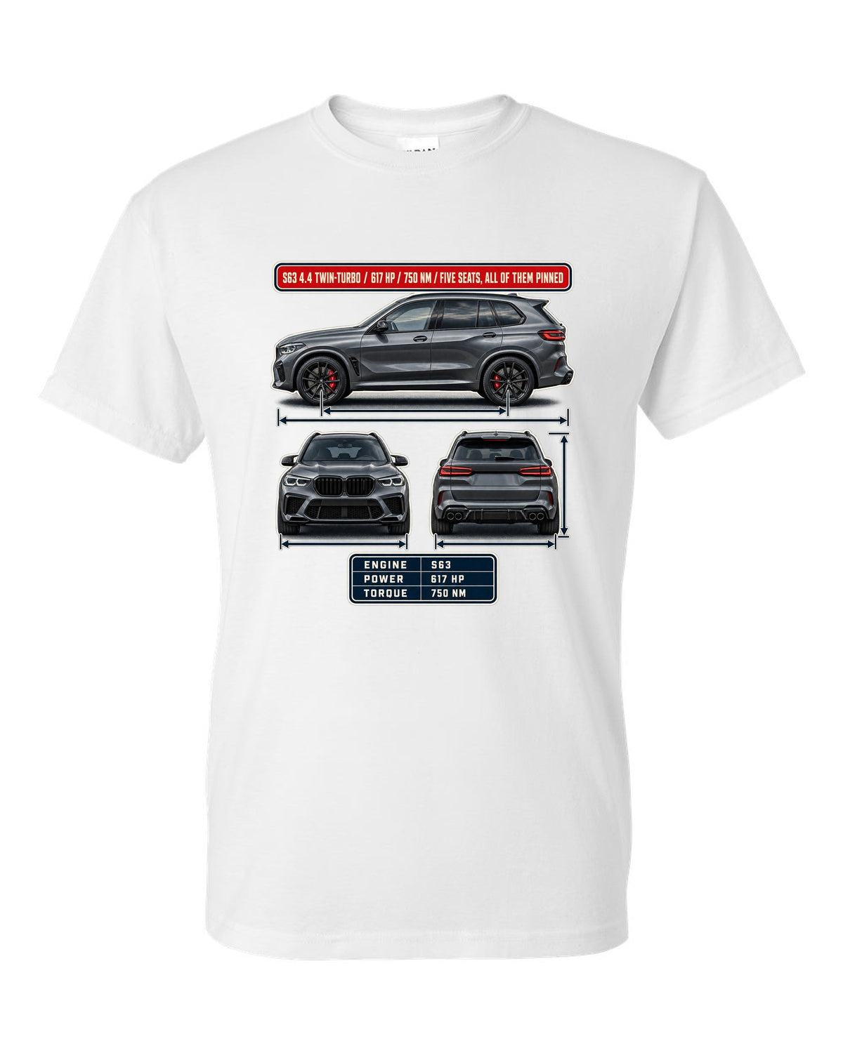 BMW X5 M Competition F95 three-view spec table print on a tee white t-shirt front view with the design