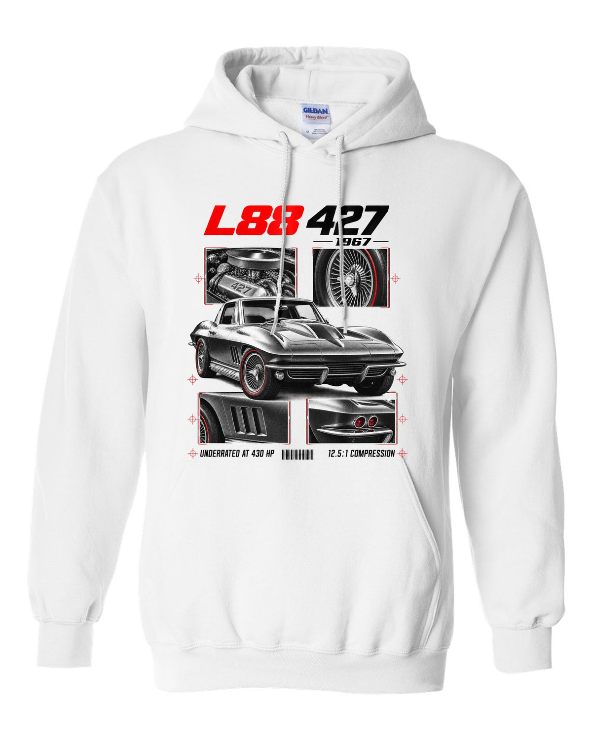 Chevrolet Corvette C2 Sting Ray 1967 L88 427 dossier print white pull over hoodie front view with the design