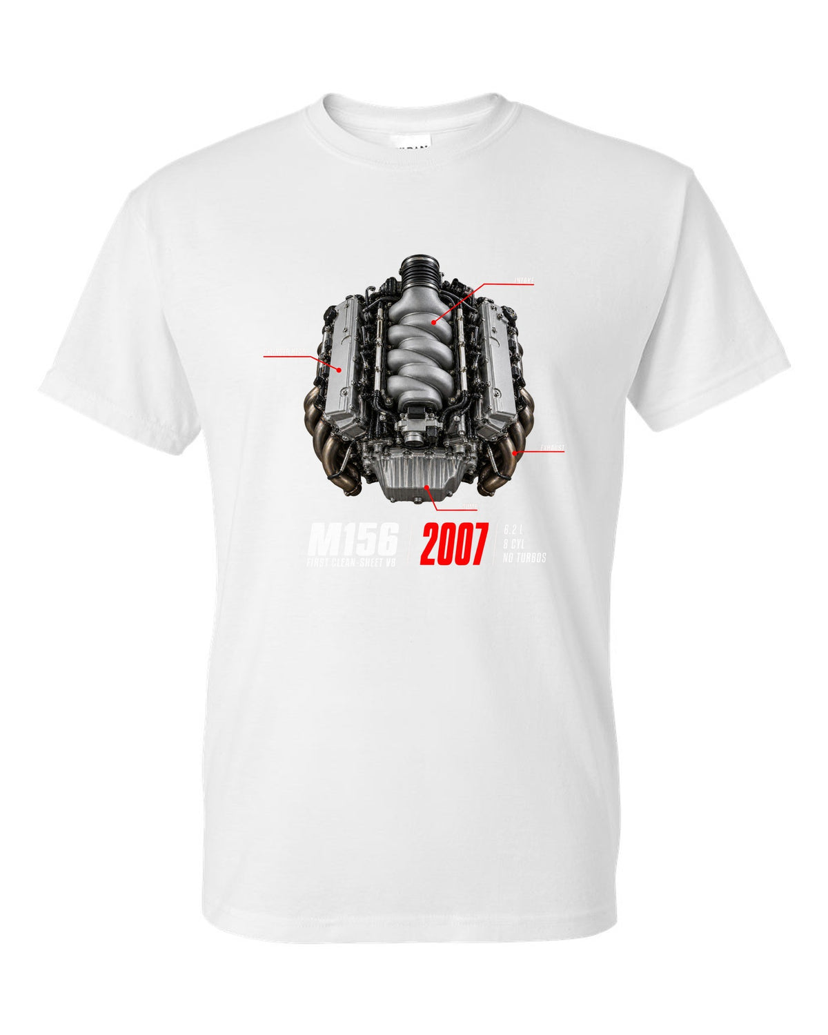 Mercedes C63 AMG W204 M156 V8 engine hero print with first clean-sheet V8 text white t-shirt front view with the design