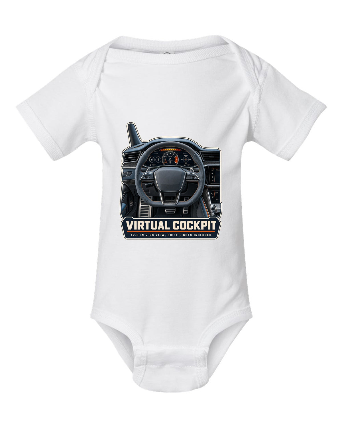 Audi RS7 Sportback C8 virtual cockpit gauge cluster print design white baby onesie front view with the design