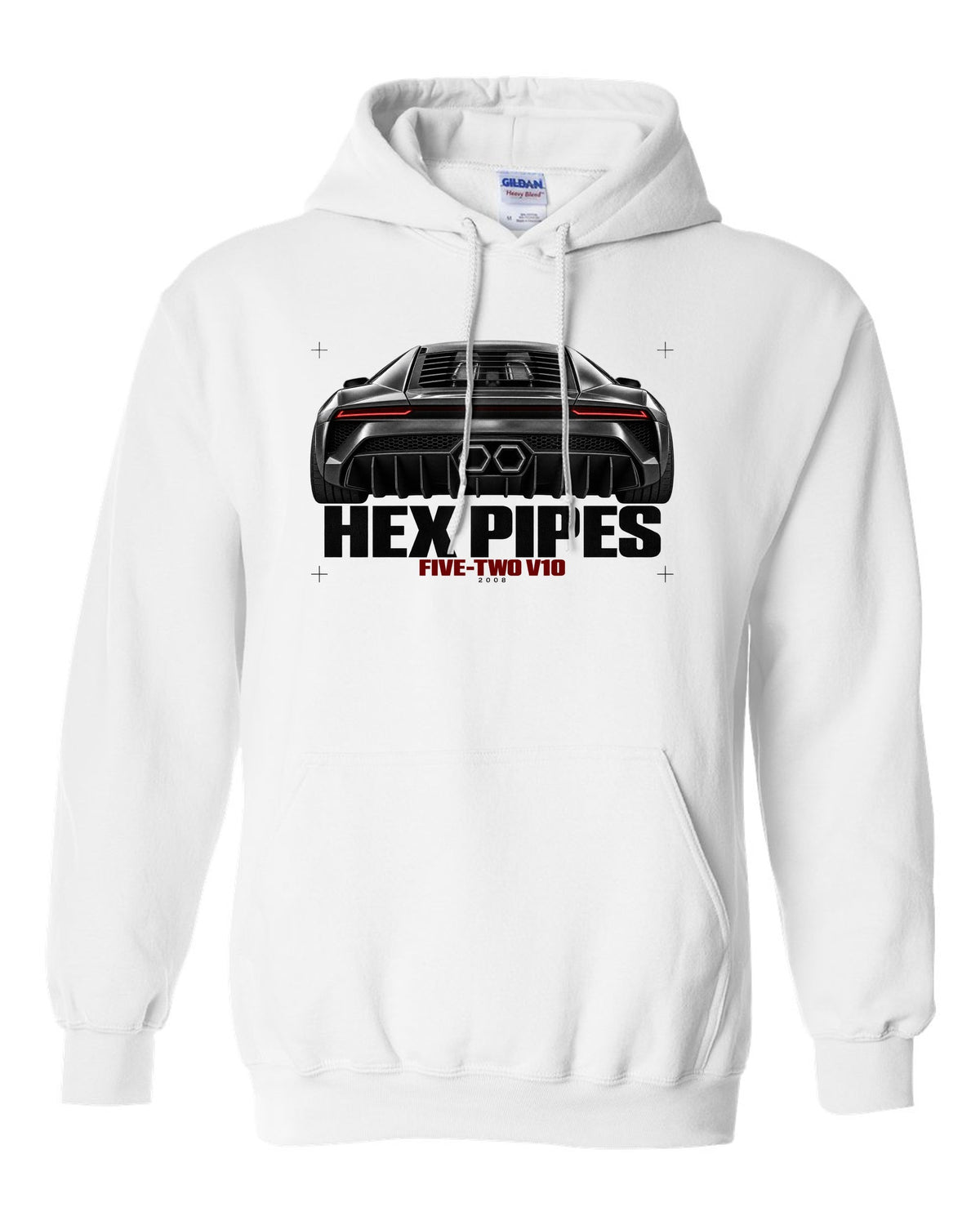 Exhaust macro print of a Lamborghini Gallardo LP560-4 with Hex Pipes and Five-Two V10 text white pull over hoodie front view with the design