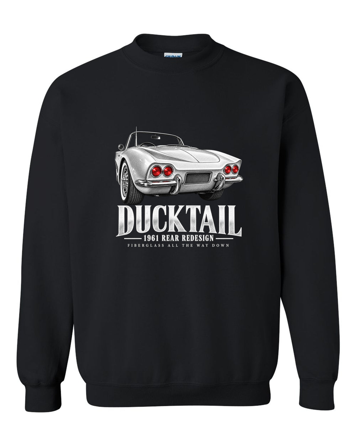 Chevrolet Corvette C1 1961 rear ducktail detail print black crewneck front view with the design