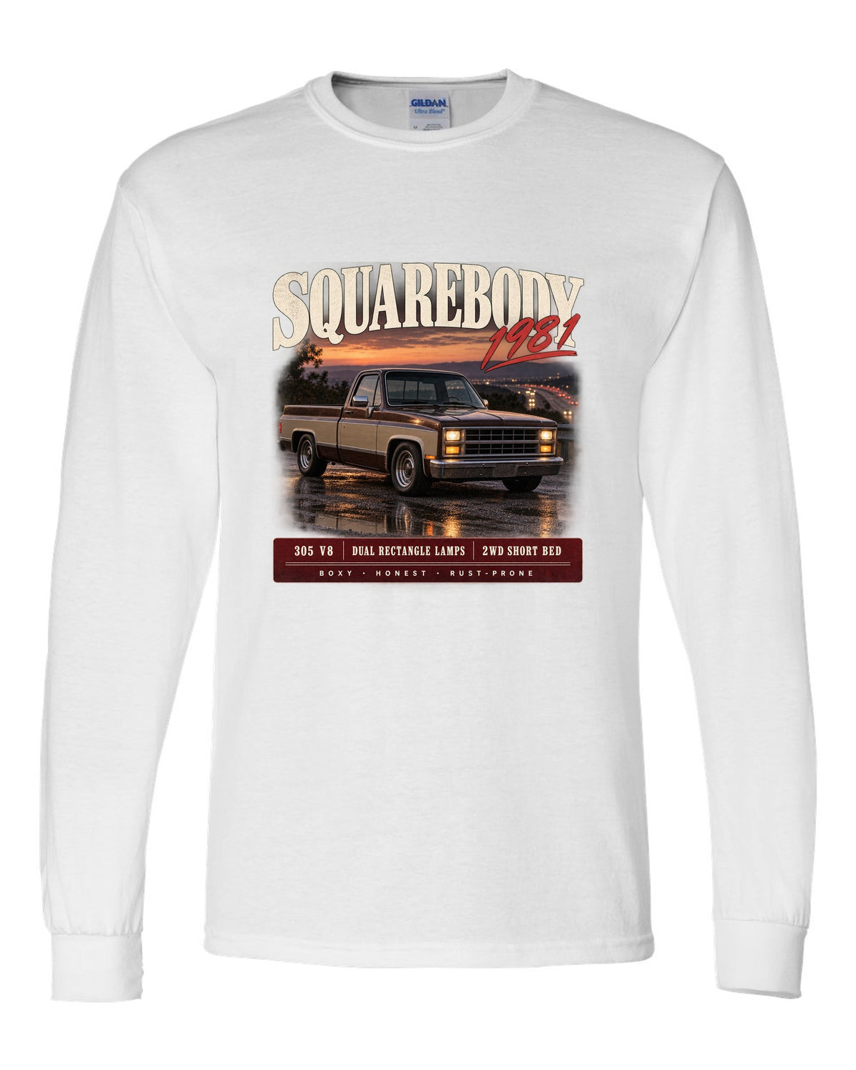 1981 Squarebody C10 Silverado archive panel print white long sleeve front view with the design