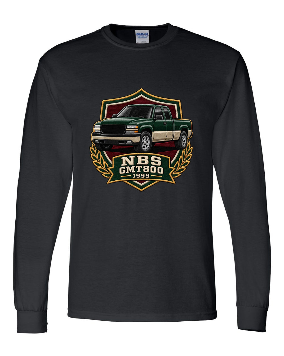Varsity shield crest print for a 1999-2006 Chevrolet Silverado NBS GMT800 with NBS GMT800 1999 text black long sleeve front view with the design