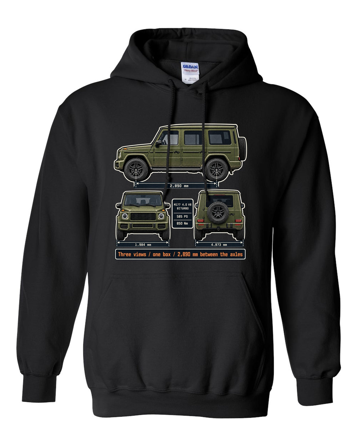 Three-view dossier print of a Mercedes-AMG G63 W463A black pull over hoodie front view with the design