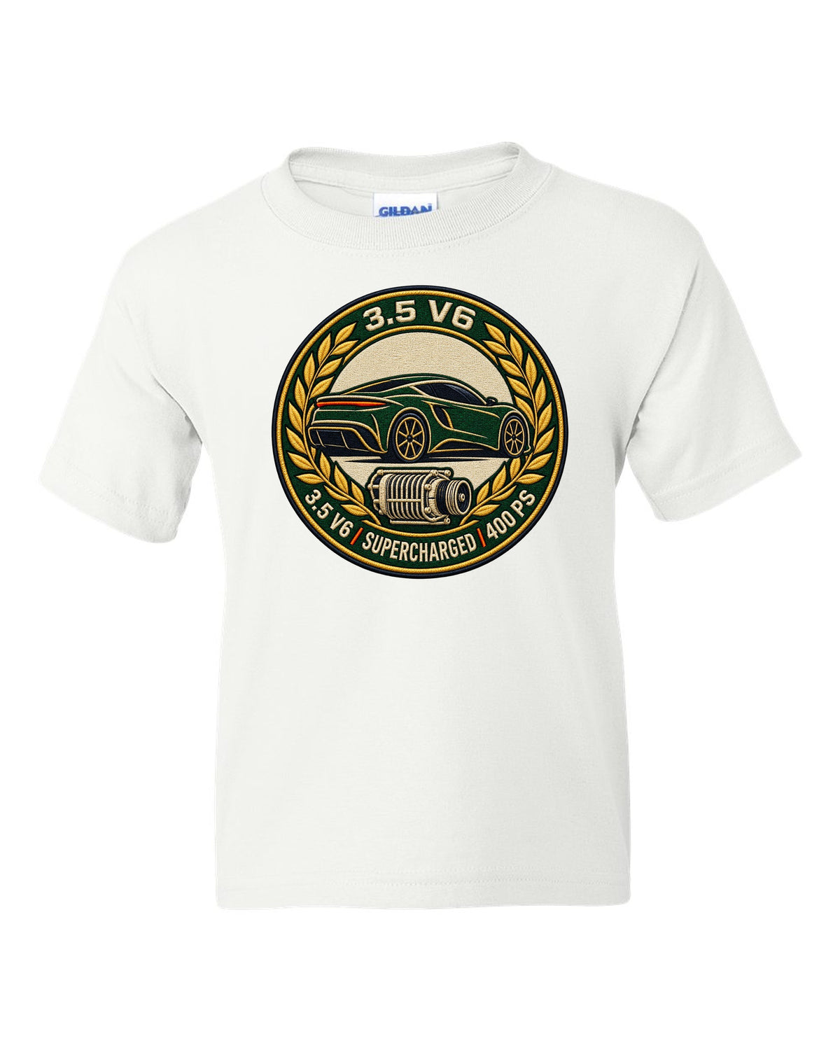 Lotus Emira varsity crest with 3.5 V6 SUPERCHARGED 400 PS lettering white kids tee front view with the design