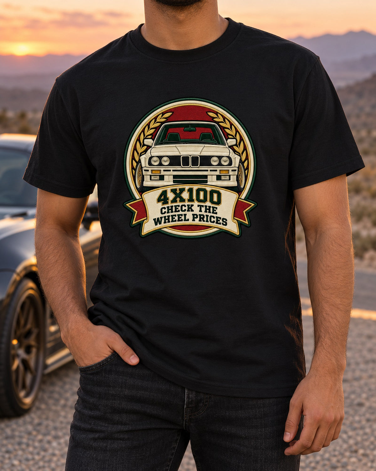 BMW E30 M3 Varsity Crest Tee, Wheel Bolt Pattern Joke T-Shirt Black worn hero