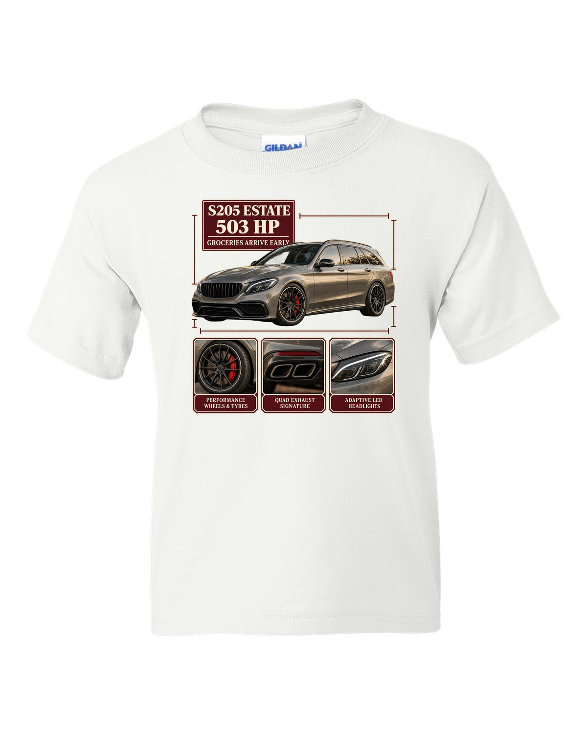 Mercedes-AMG C63 S Estate S205 dossier panel design in warm grey white kids tee front view with the design