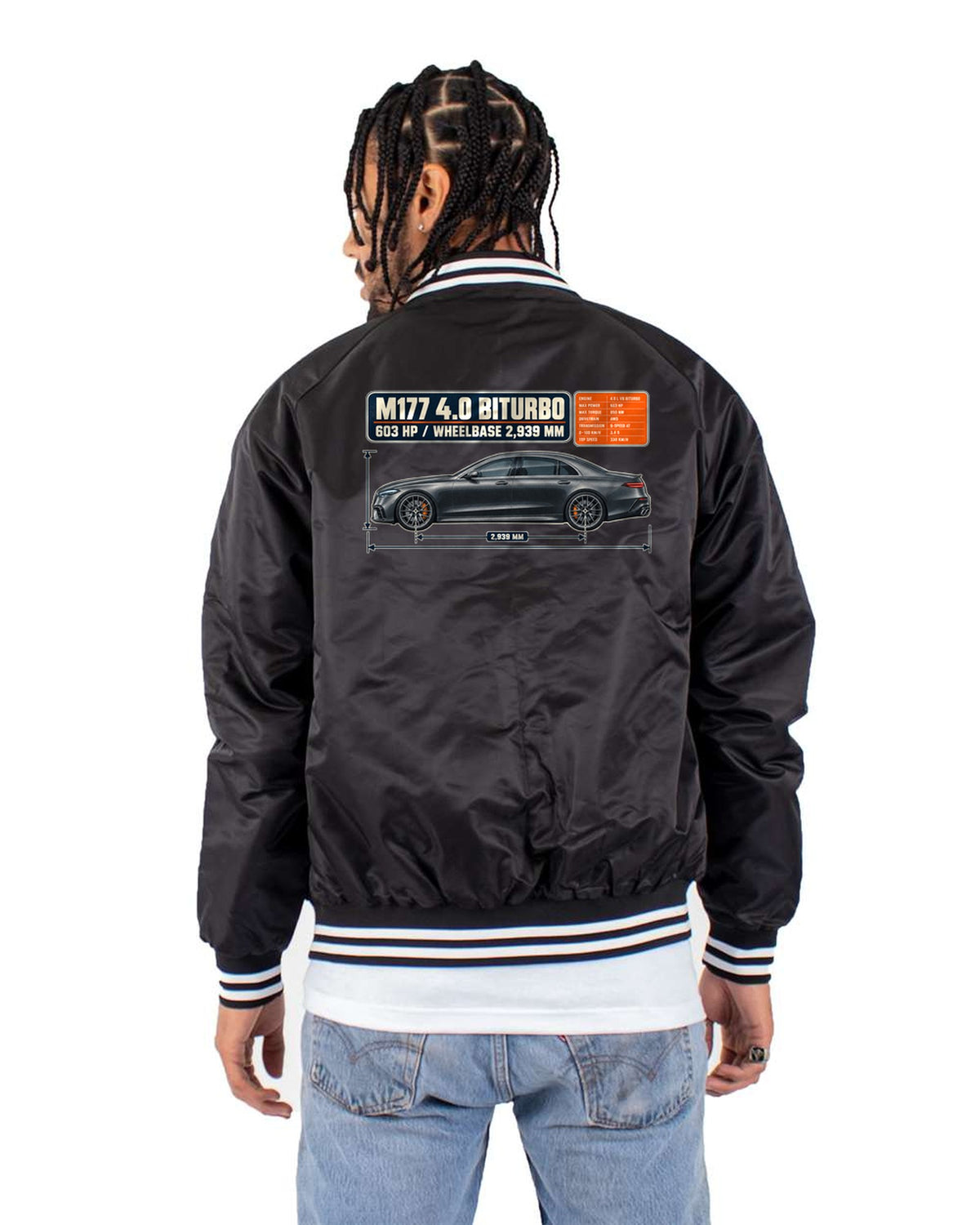 Mercedes-AMG E63 S W213 Dimension Blueprint Shirt, Car Enthusiast Gift Bomber Jacket Black back