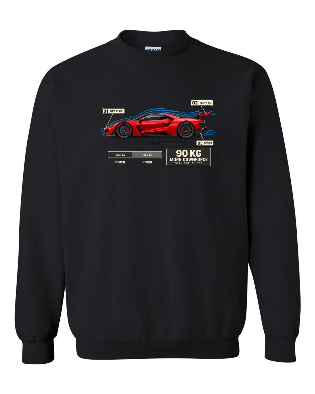 Bugatti Divo aero callouts diagram print about downforce versus Chiron black crewneck front view with the design
