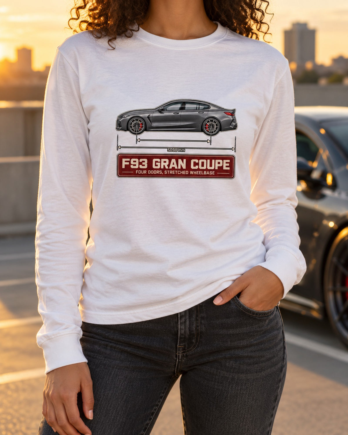 BMW M8 Gran Coupe F93 Blueprint Tee, Four Door Car Guy Long Sleeve White worn hero